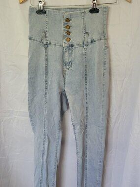 AZ Women's Ultra High Waist Skinny Jeans Size L Light Wash Button Fly Front Seam
